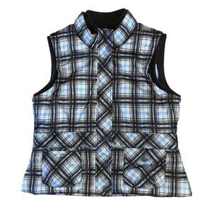 Tribal Plaid Sleeveless Puffer Vest Size 14 Snap Front Pockets Brown Beige Blue